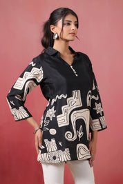 Black Abstract Printed Russian Silk Tunic with Tassel Detail