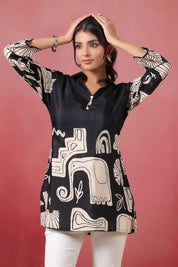 Black Abstract Printed Russian Silk Tunic with Tassel Detail