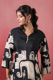 Black Abstract Printed Russian Silk Tunic with Tassel Detail