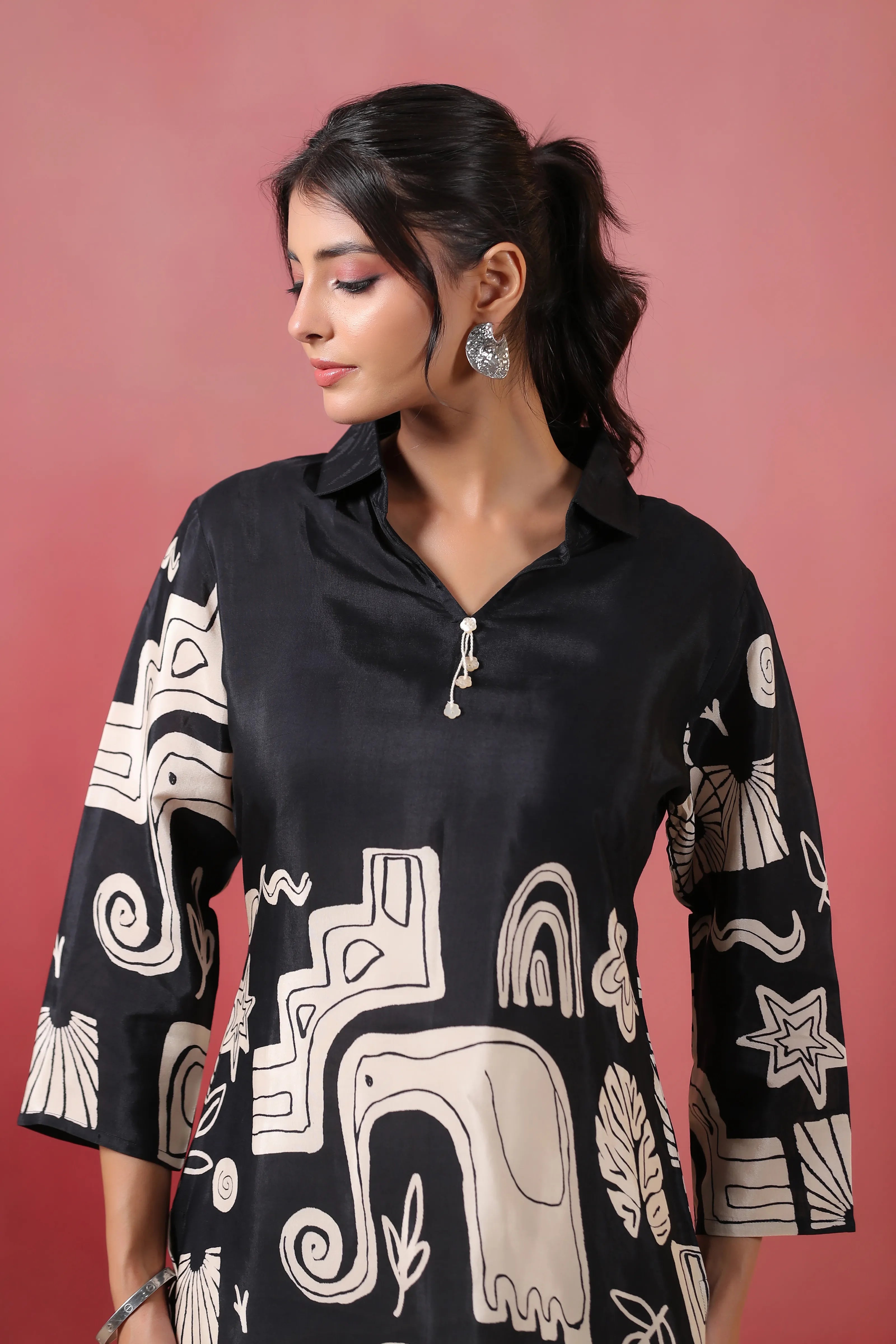 Black Abstract Printed Russian Silk Tunic with Tassel Detail