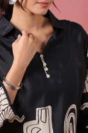 Black Abstract Printed Russian Silk Tunic with Tassel Detail