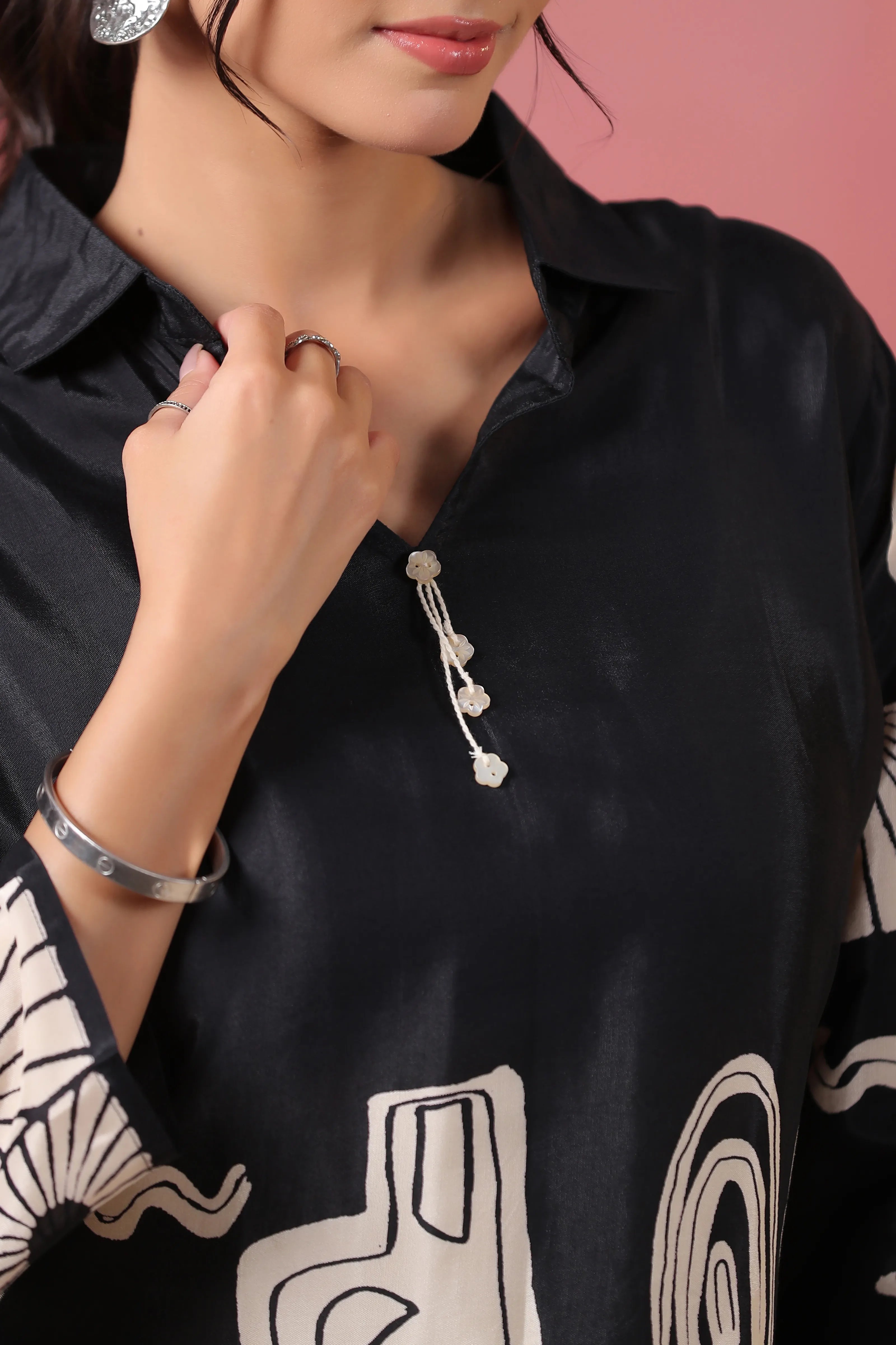 Black Abstract Printed Russian Silk Tunic with Tassel Detail