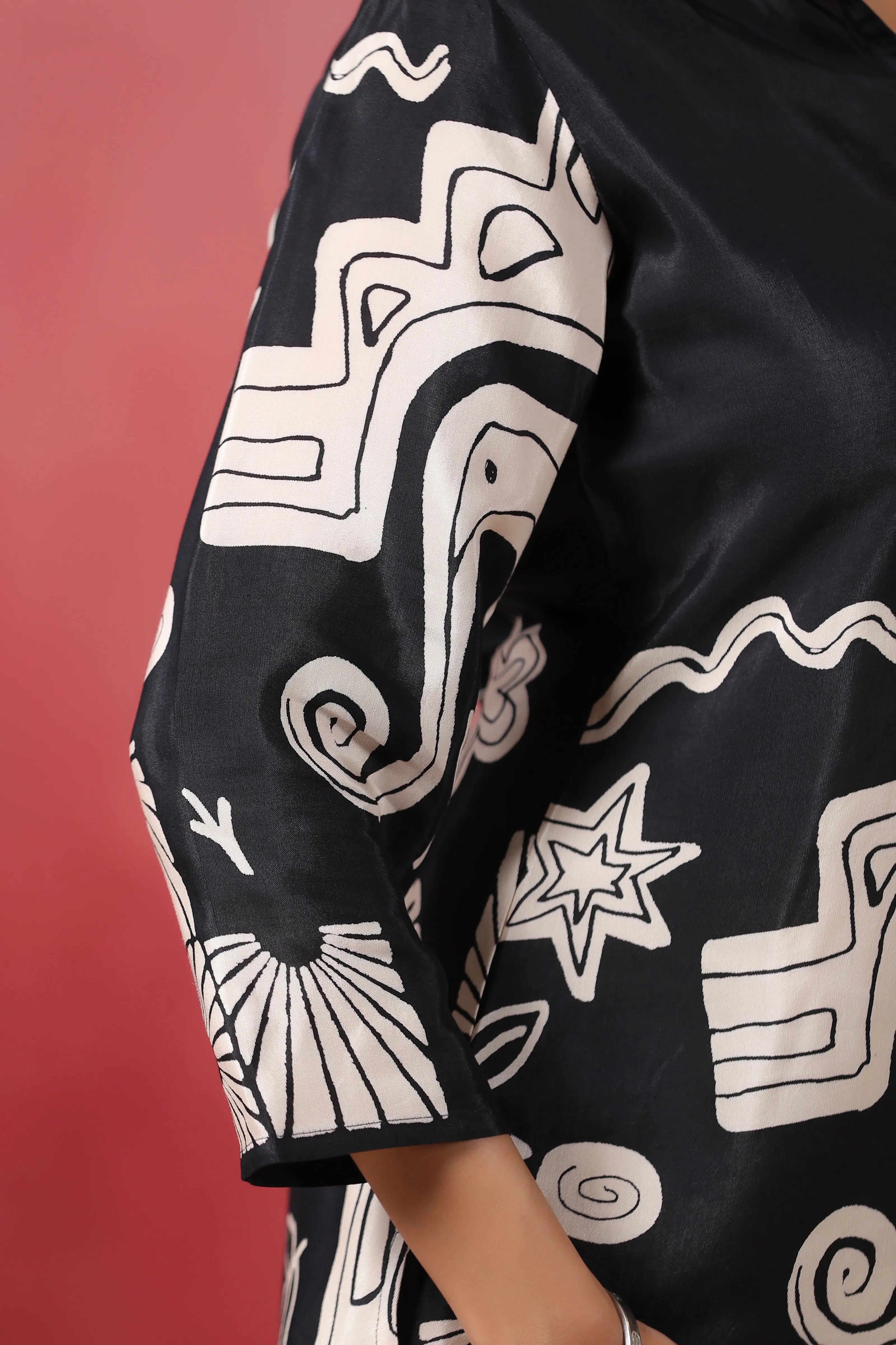 Black Abstract Printed Russian Silk Tunic with Tassel Detail