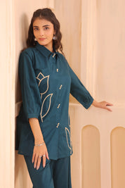 Teal Blue Cotton Co-ord Set with Rosebud Piping Embroidery