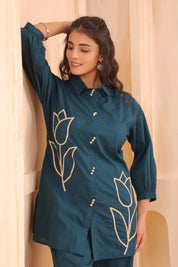 Teal Blue Cotton Co-ord Set with Rosebud Piping Embroidery