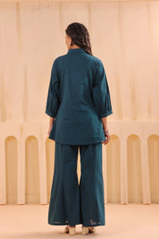 Teal Blue Cotton Co-ord Set with Rosebud Piping Embroidery