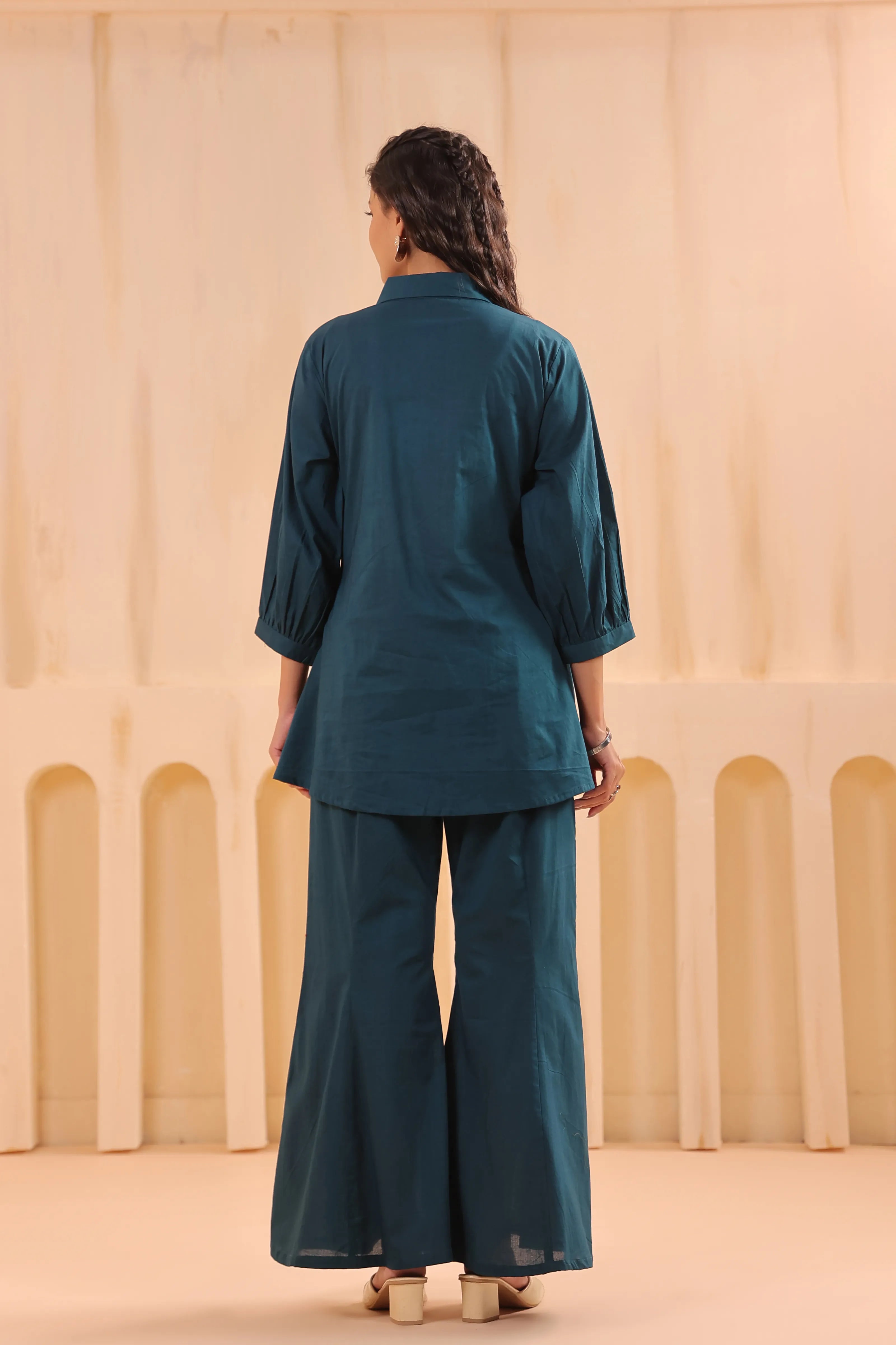 Teal Blue Cotton Co-ord Set with Rosebud Piping Embroidery