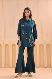 Teal Blue Cotton Co-ord Set with Rosebud Piping Embroidery