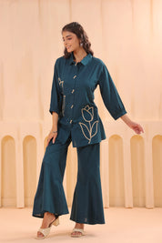 Teal Blue Cotton Co-ord Set with Rosebud Piping Embroidery