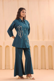 Teal Blue Cotton Co-ord Set with Rosebud Piping Embroidery