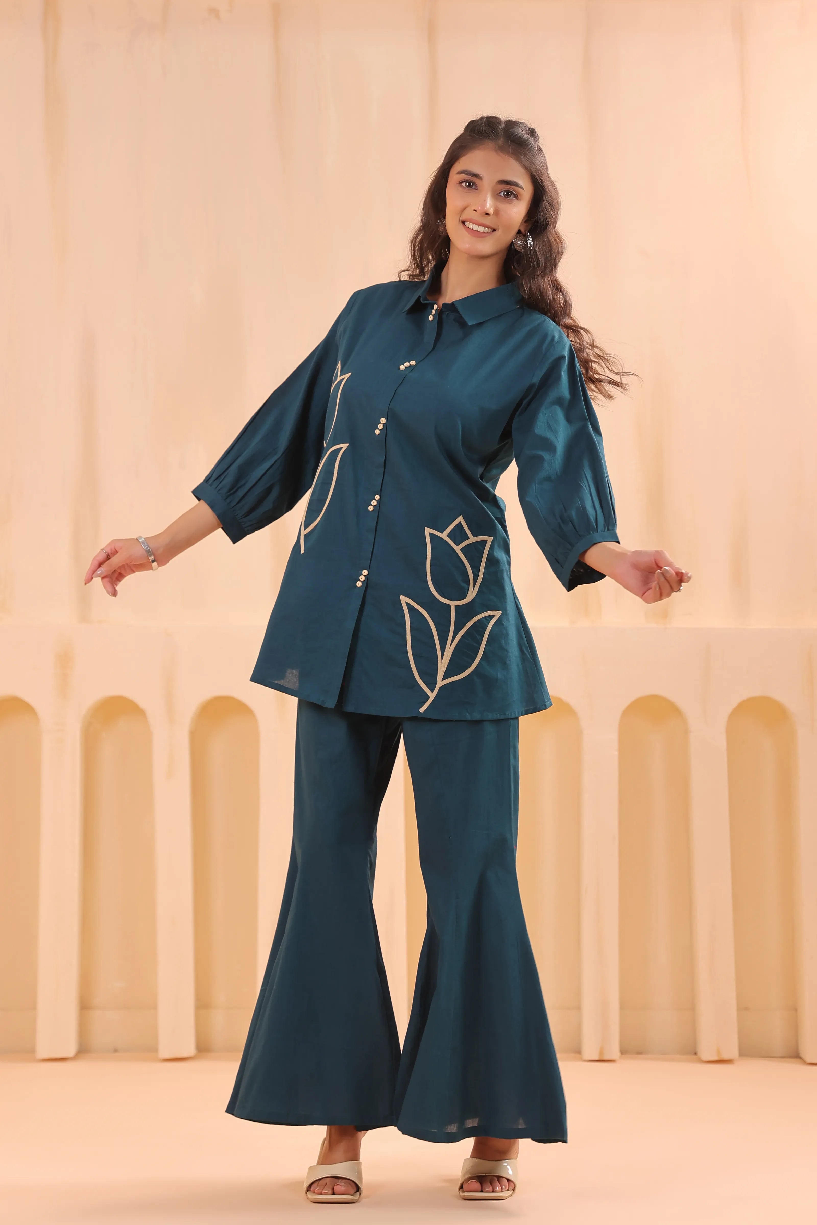 Teal Blue Cotton Co-ord Set with Rosebud Piping Embroidery