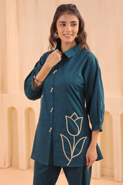 Teal Blue Cotton Co-ord Set with Rosebud Piping Embroidery