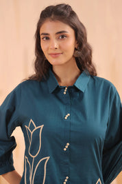 Teal Blue Cotton Co-ord Set with Rosebud Piping Embroidery