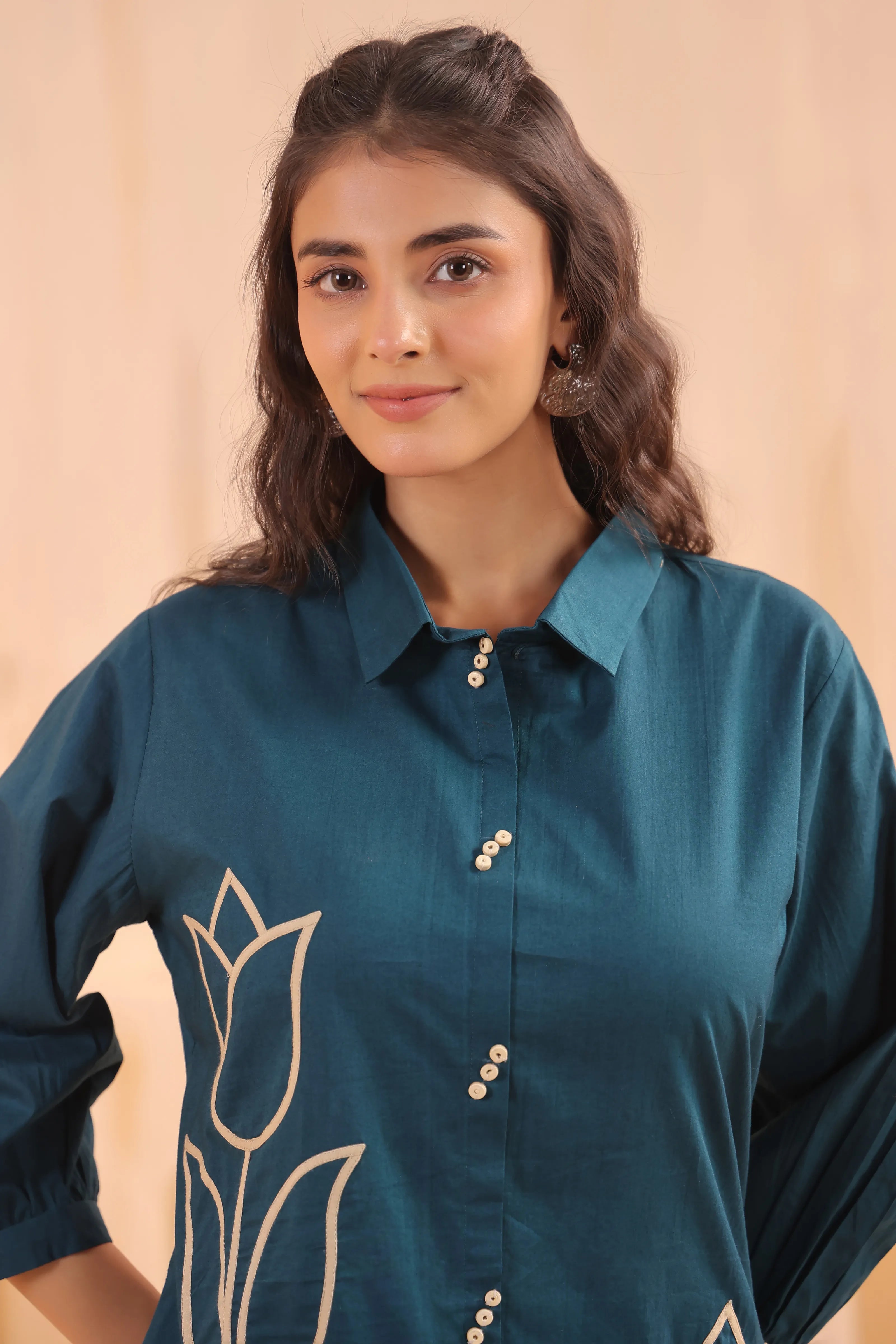 Teal Blue Cotton Co-ord Set with Rosebud Piping Embroidery