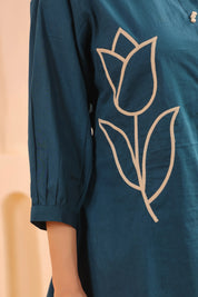 Teal Blue Cotton Co-ord Set with Rosebud Piping Embroidery