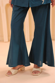 Teal Blue Cotton Co-ord Set with Rosebud Piping Embroidery