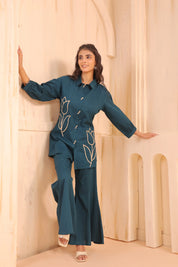 Teal Blue Cotton Co-ord Set with Rosebud Piping Embroidery