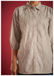 Beige Cotton Poplin Shirt with Cord Embroidery