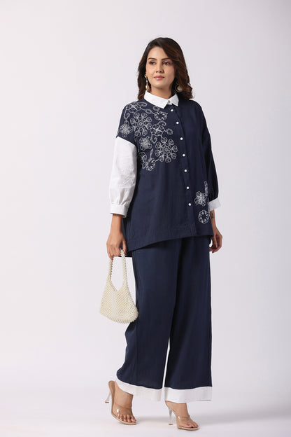 Navy Blue & White Embroidered Cotton Co-Ord set