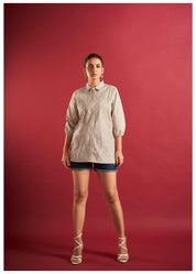 Beige Cotton Poplin Shirt with Cord Embroidery