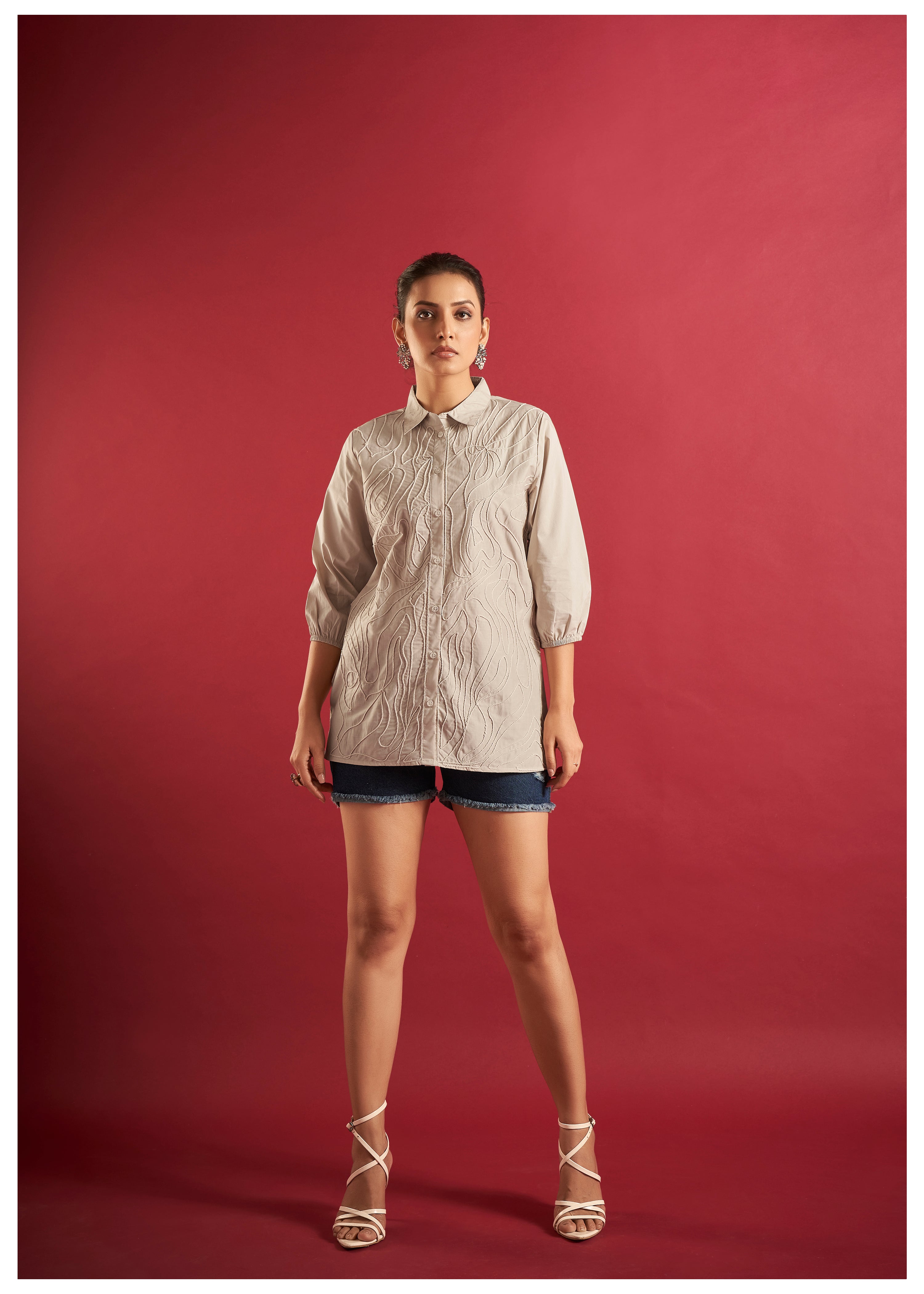 Beige Cotton Poplin Shirt with Cord Embroidery