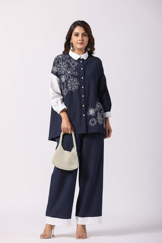 Navy Blue & White Cord Embroidered Shirt Set With Trouser