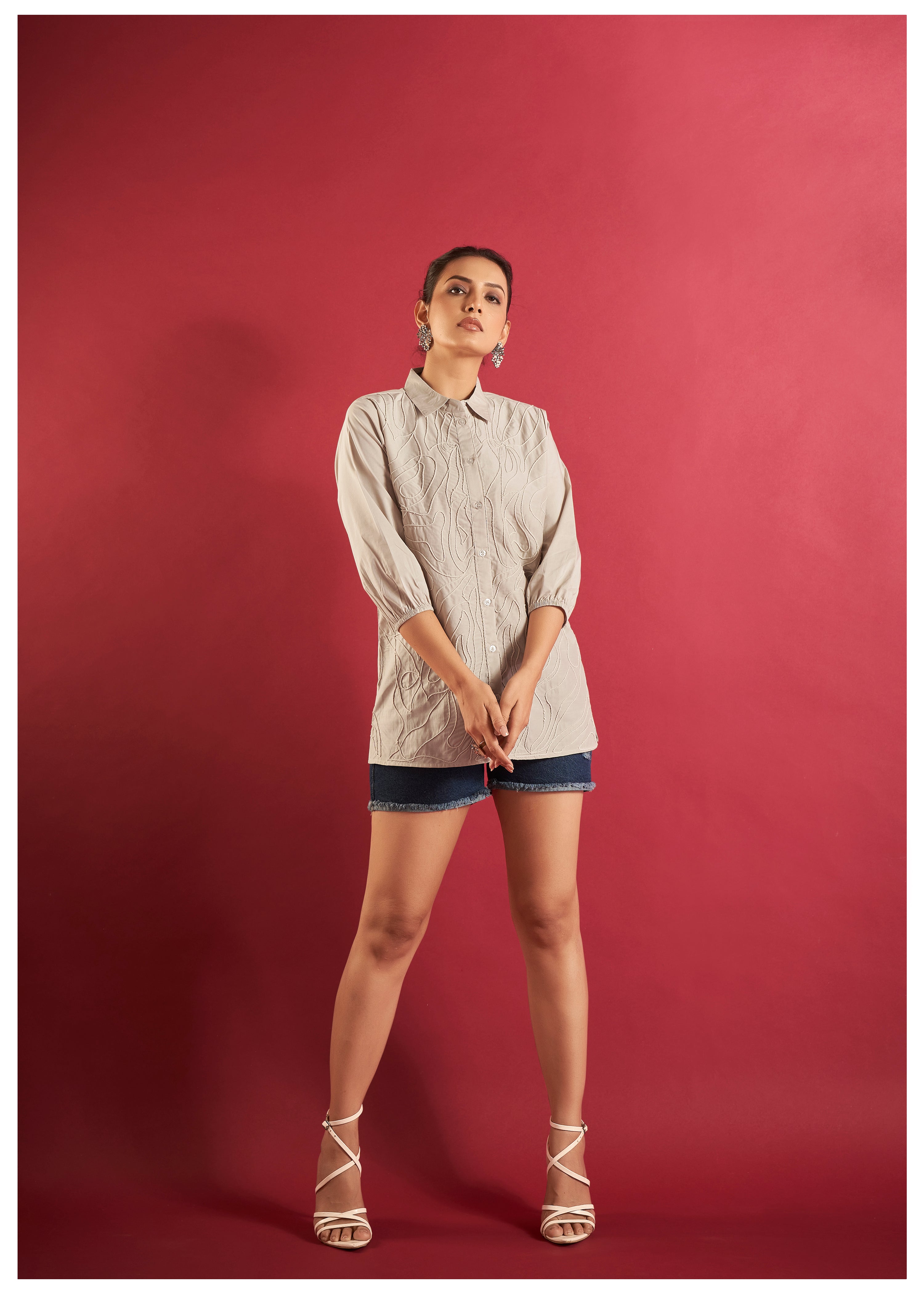 Beige Cotton Poplin Shirt with Cord Embroidery