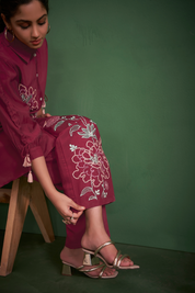 Kaftanize Maroon Embroidered Thread Work Kurta With Embroidered Pants Viscose Co-Ord Set