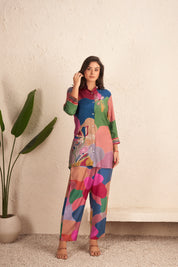 Kaftanize Multicolored Floral Sequins Viscose 3 Piece Co-Ord Set With Camisole
