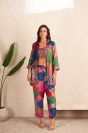 Kaftanize Multicolored Floral Sequins Viscose 3 Piece Co-Ord Set With Camisole