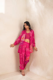Kaftanize Pink Floral Sequins Viscose 3 Piece Co-Ord Set With Camisole