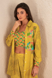 Kaftanize Yellow Multicolored Floral Sequins Viscose 3 Piece Co-Ord Set With Camisole