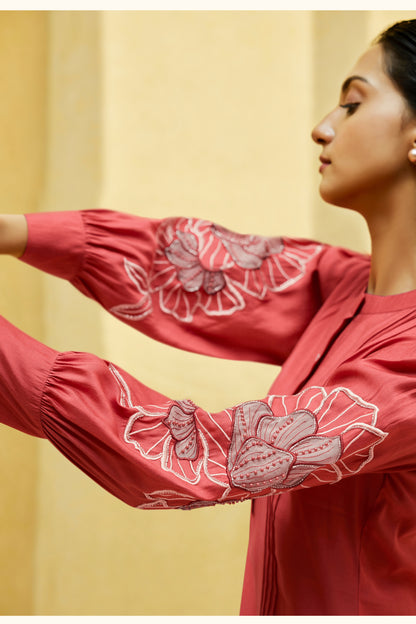 Red Floral Embroidery Tunic With Trouser