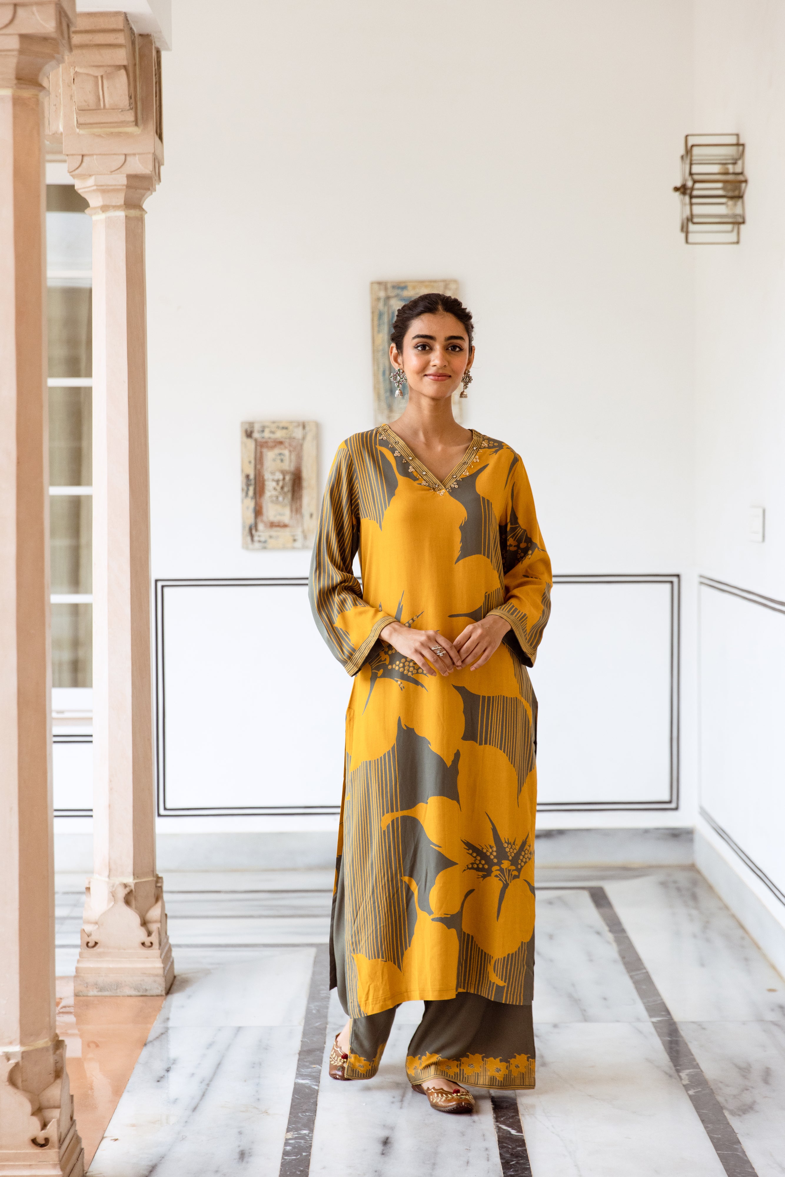 Yellow Rayon Striped Printed seep neckline work Kurta With Palazzo set