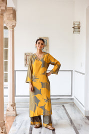 Yellow Rayon Striped Printed seep neckline work Kurta With Palazzo set