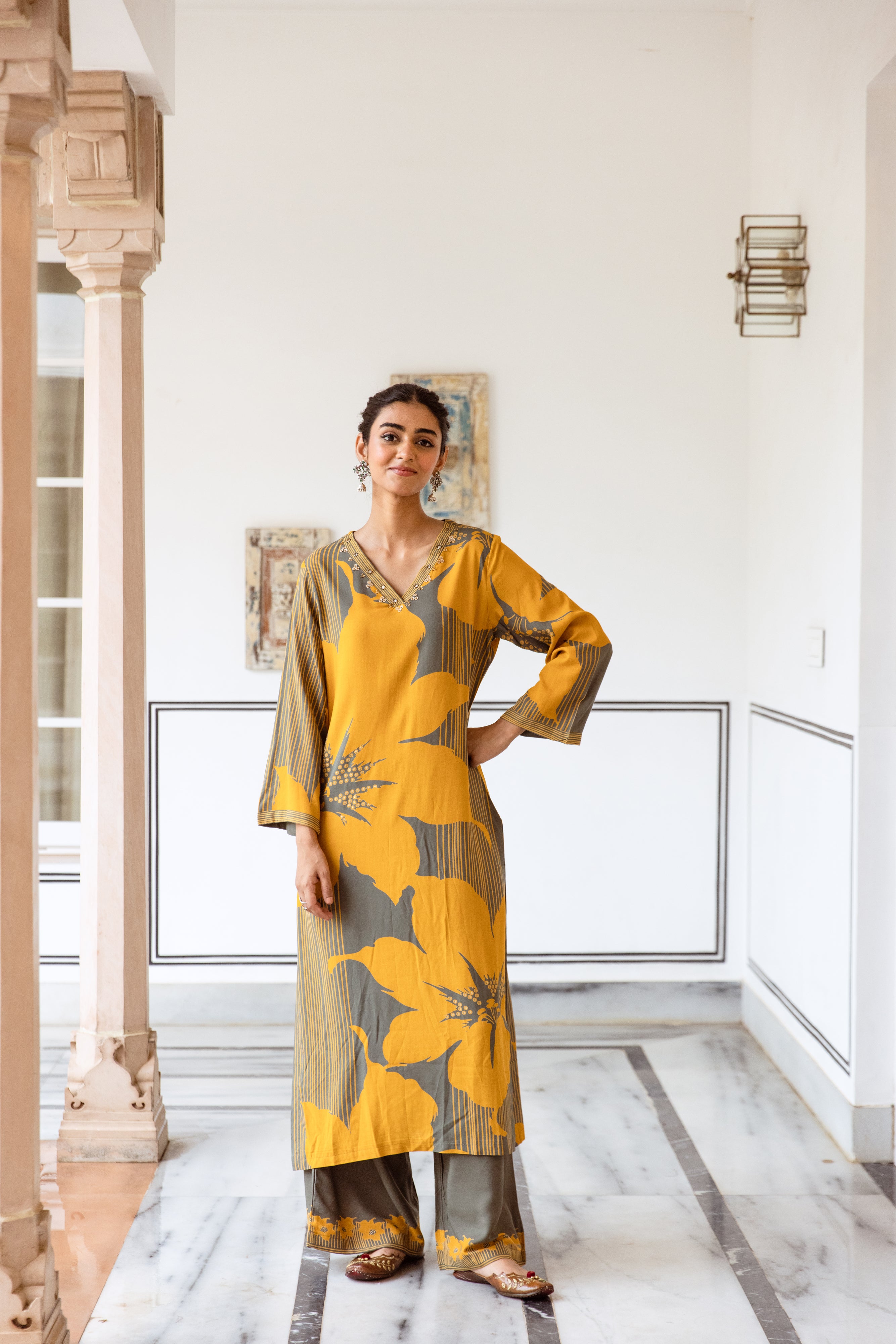 Yellow Rayon Striped Printed seep neckline work Kurta With Palazzo set