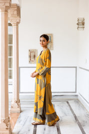 Yellow Rayon Striped Printed seep neckline work Kurta With Palazzo set