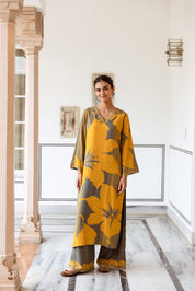 Yellow Rayon Striped Printed seep neckline work Kurta With Palazzo set