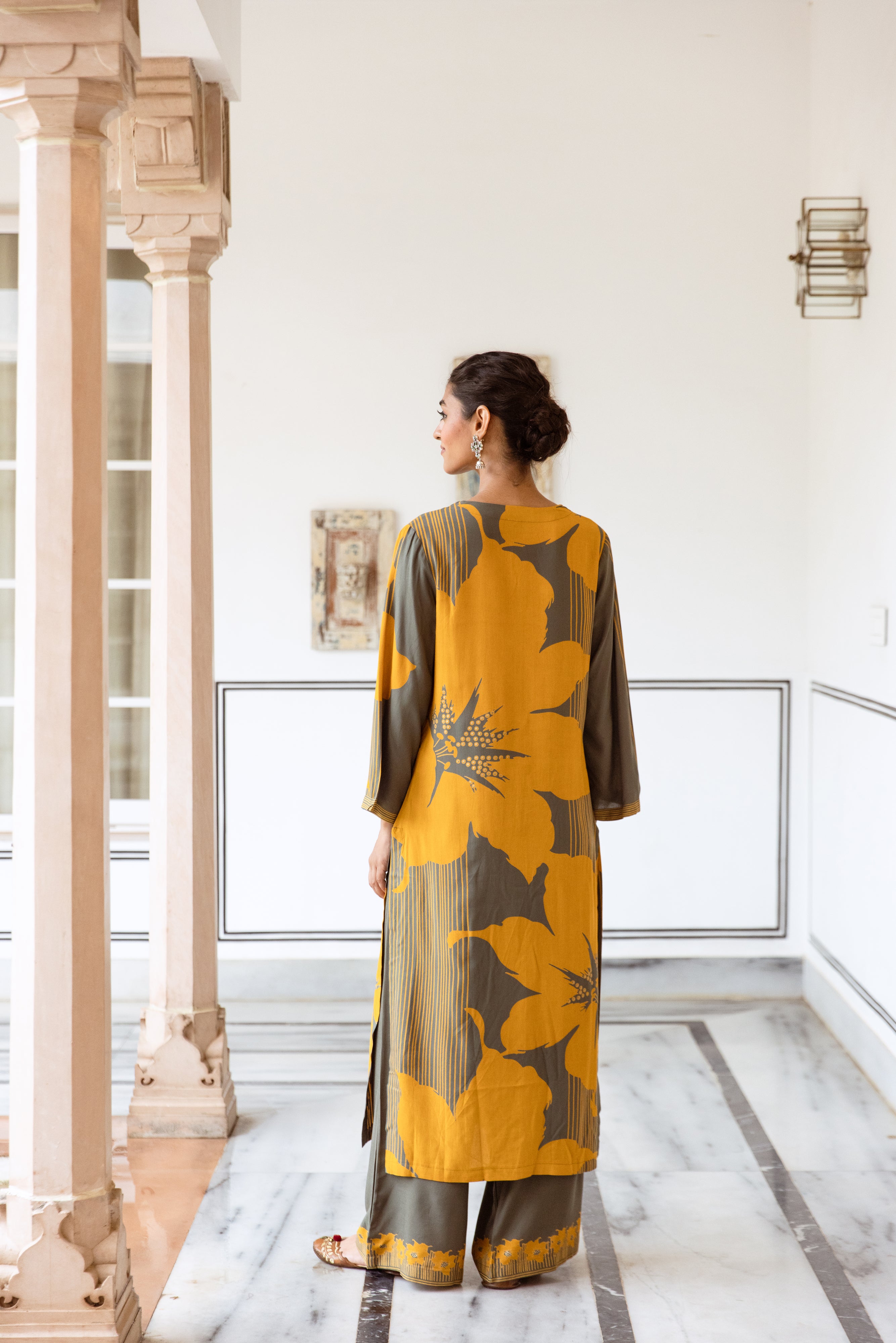 Yellow Rayon Striped Printed seep neckline work Kurta With Palazzo set