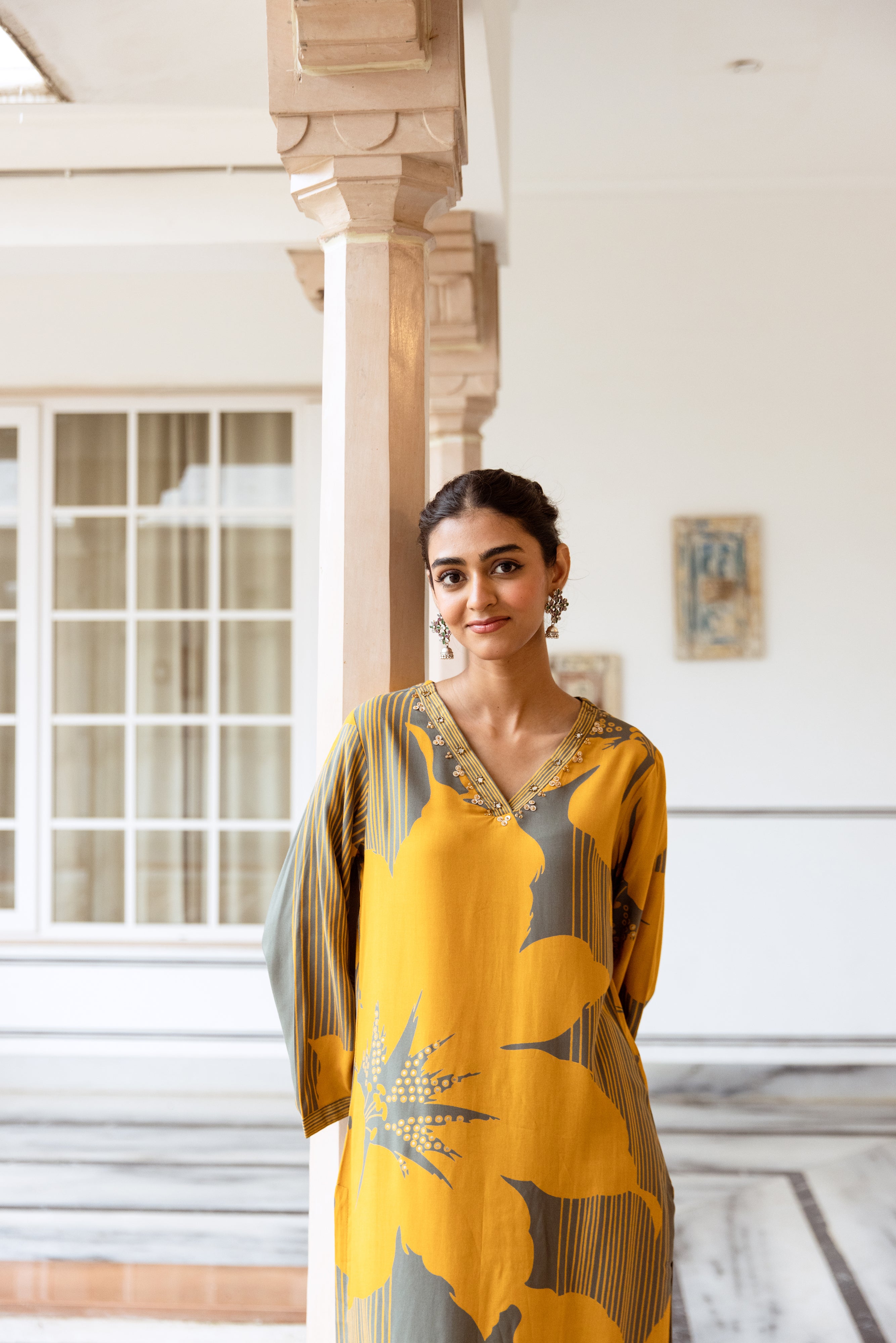 Yellow Rayon Striped Printed seep neckline work Kurta With Palazzo set