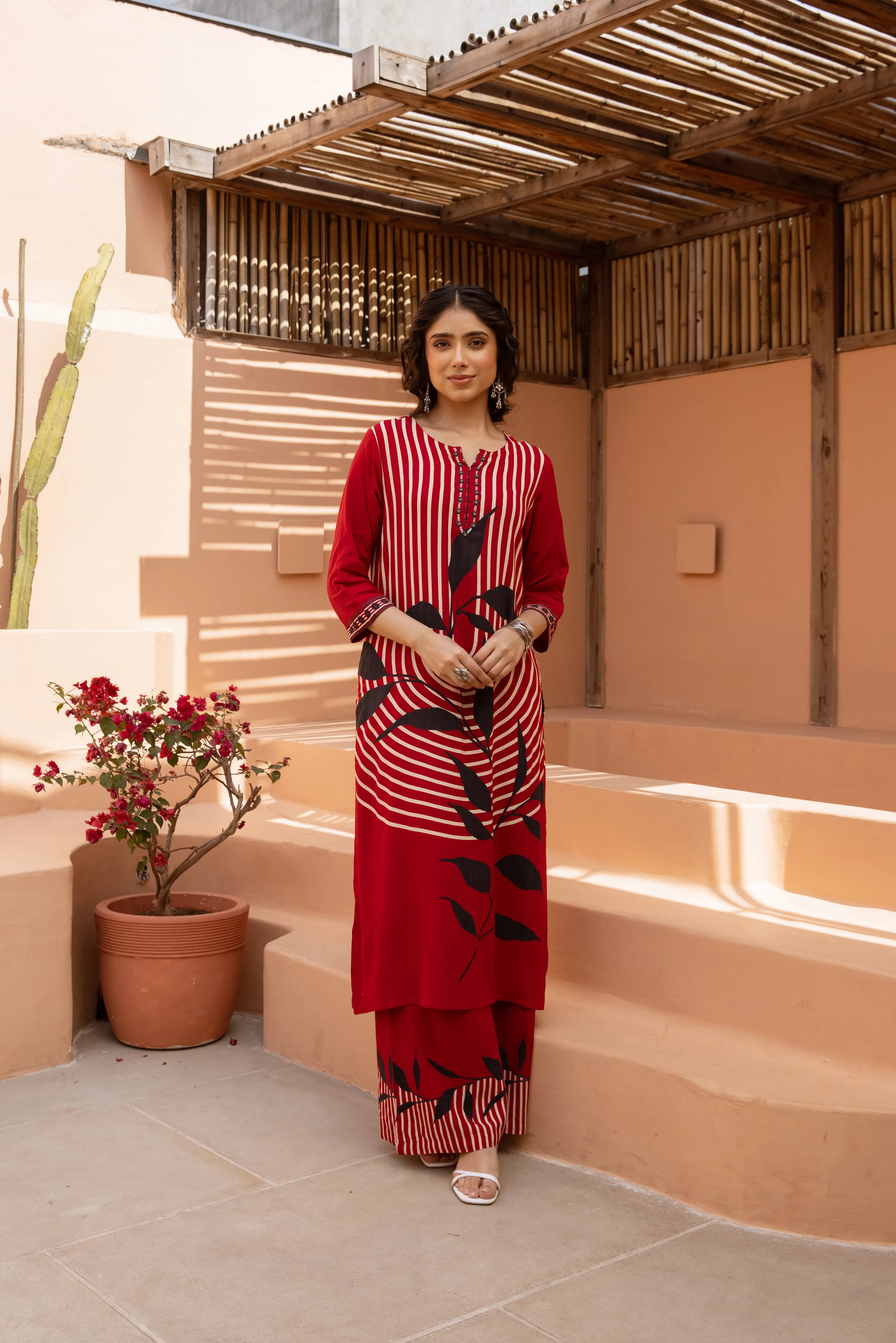 Red Stripe & Leaf Print Rayon Kurta-Palazzo Set