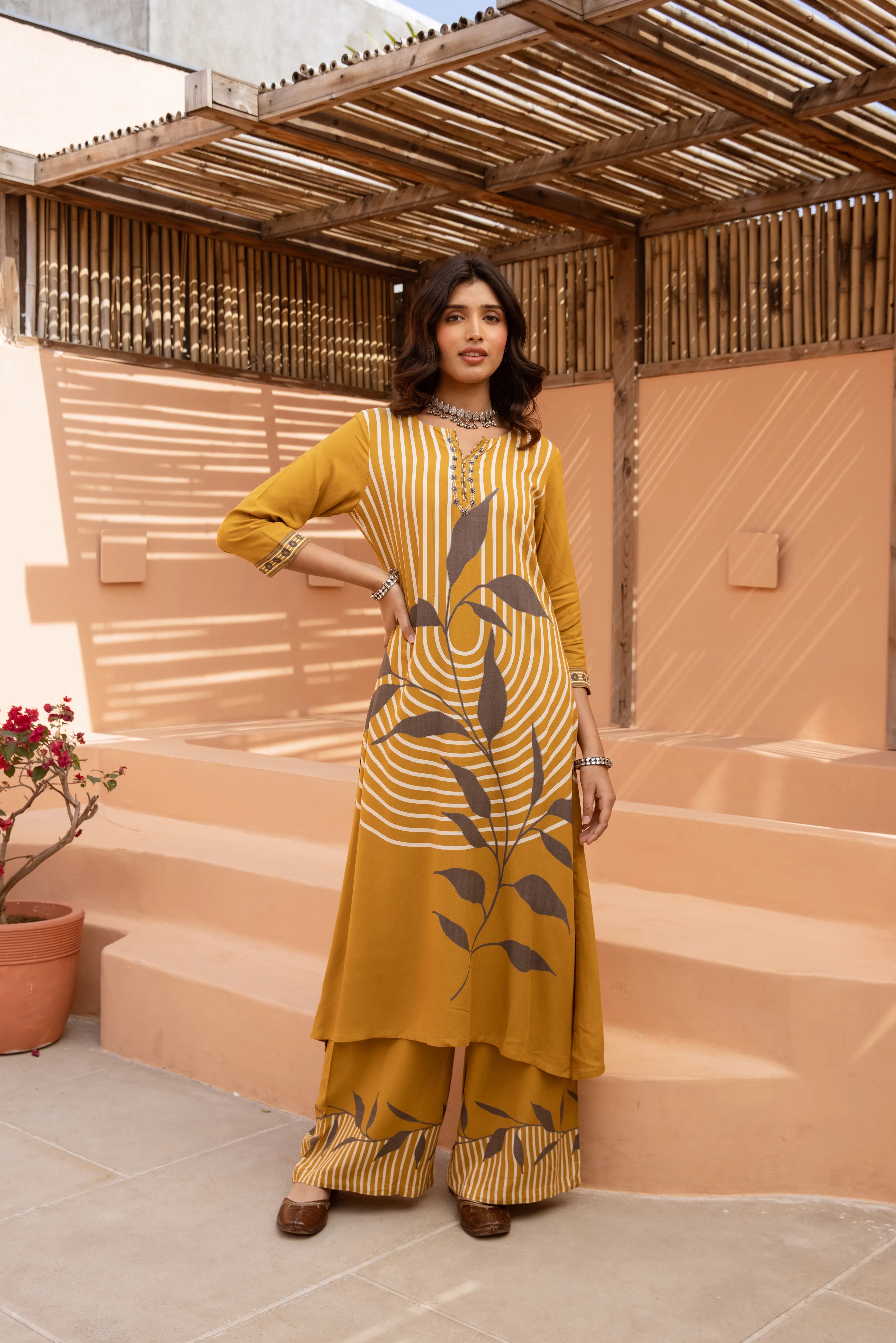 Mustard Stripe & Leaf Print Rayon Kurta-Palazzo Set