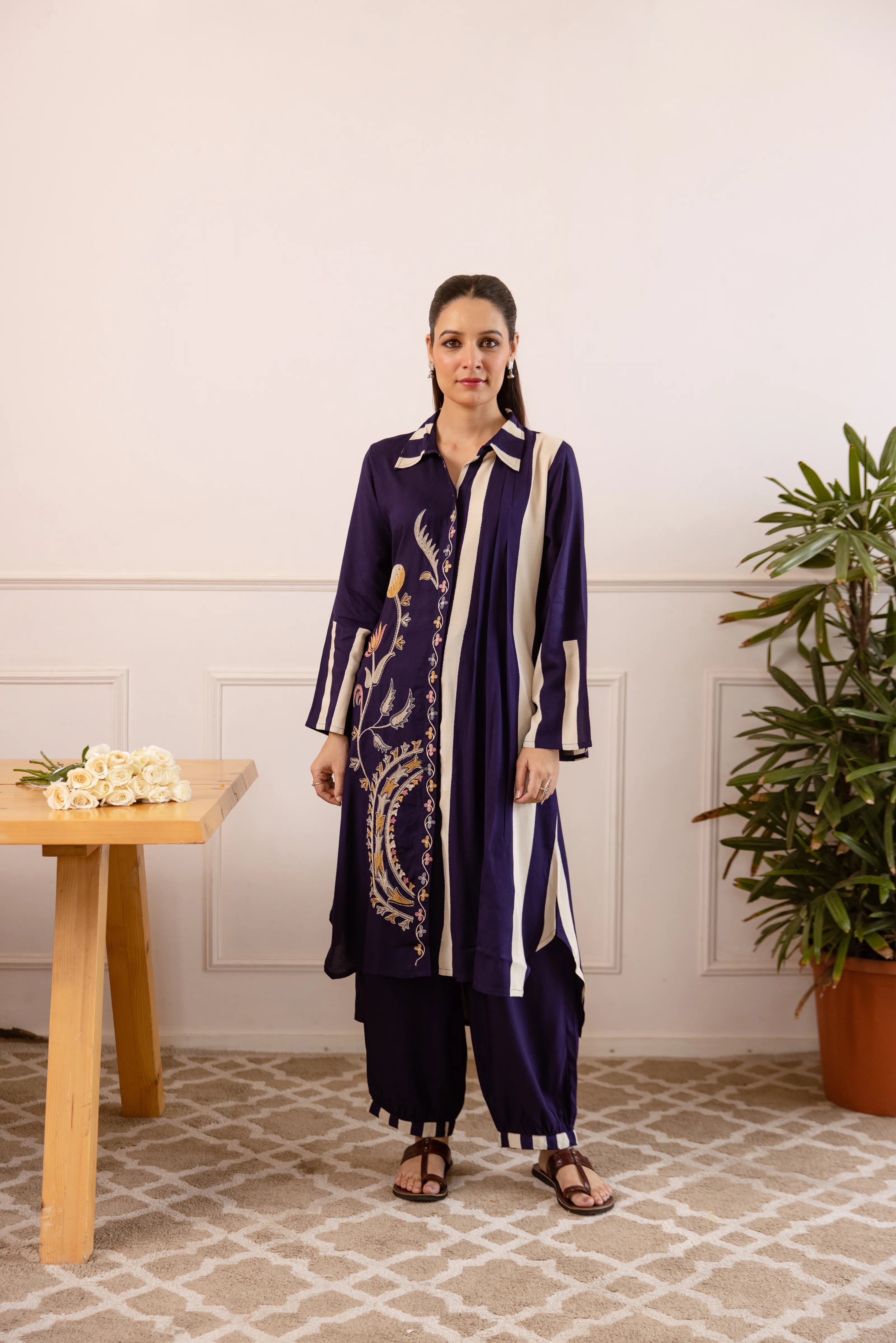 Purple German Rayon Floral Embroidered Kurta Set