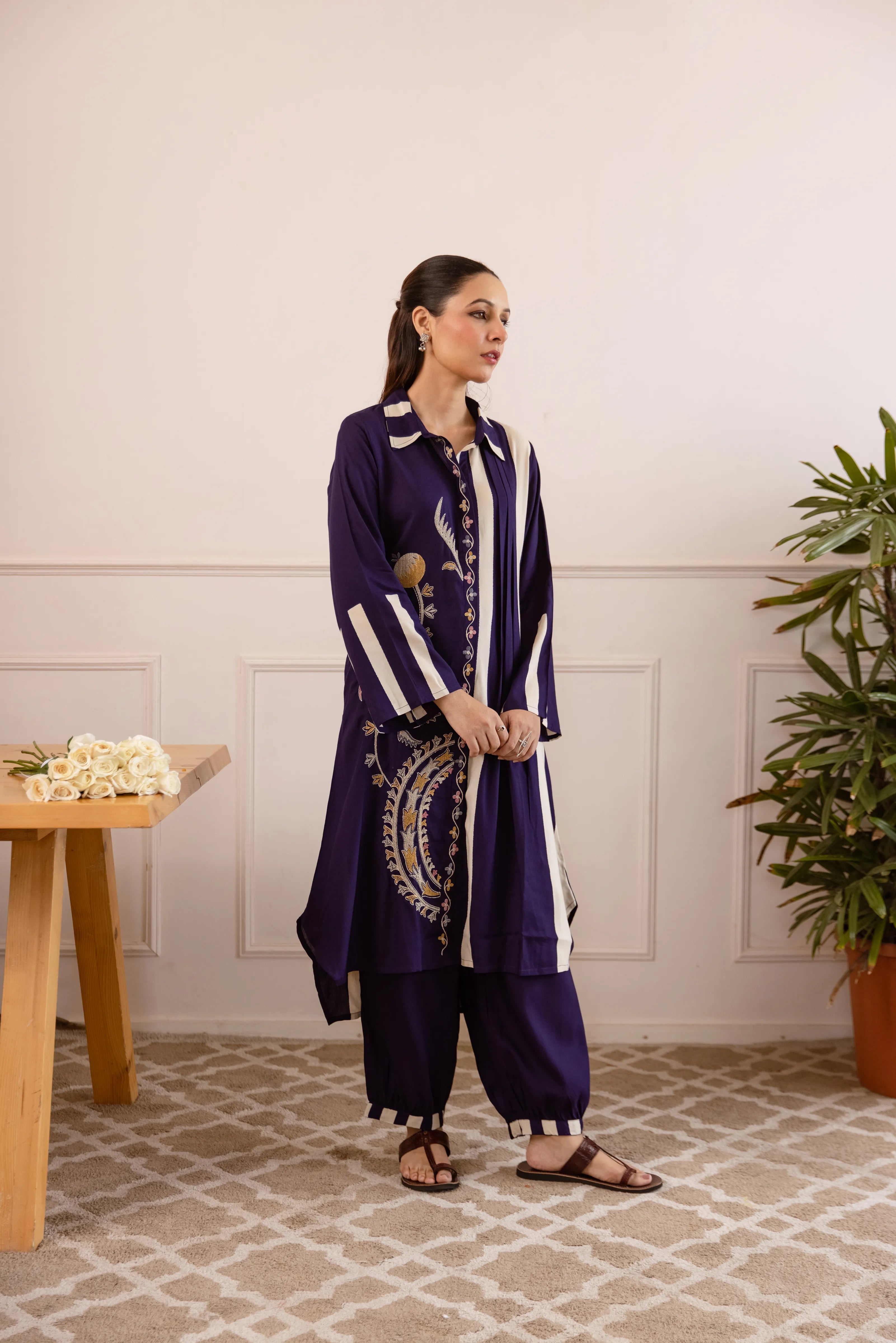Purple German Rayon Floral Embroidered Kurta Set