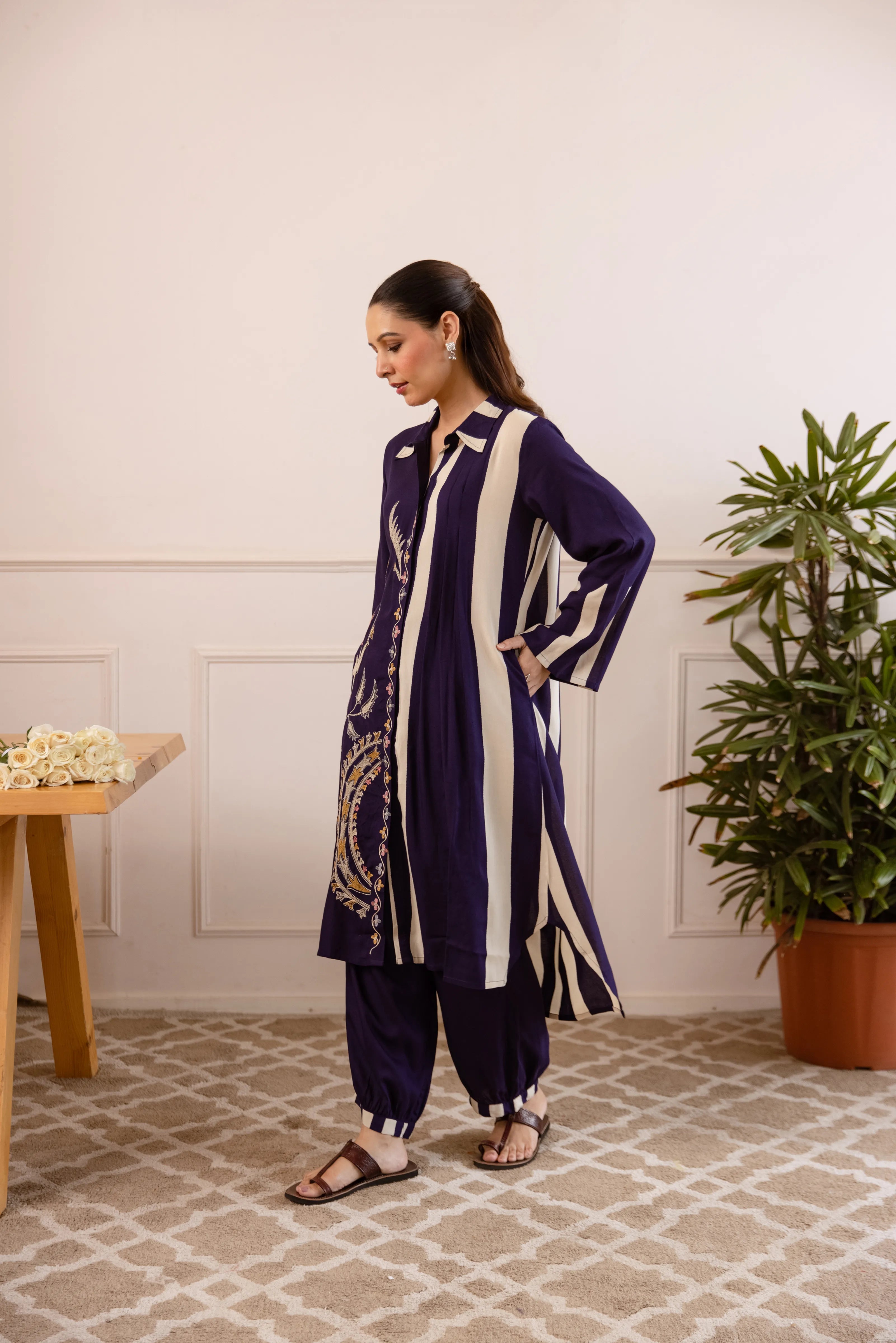 Purple German Rayon Floral Embroidered Kurta Set