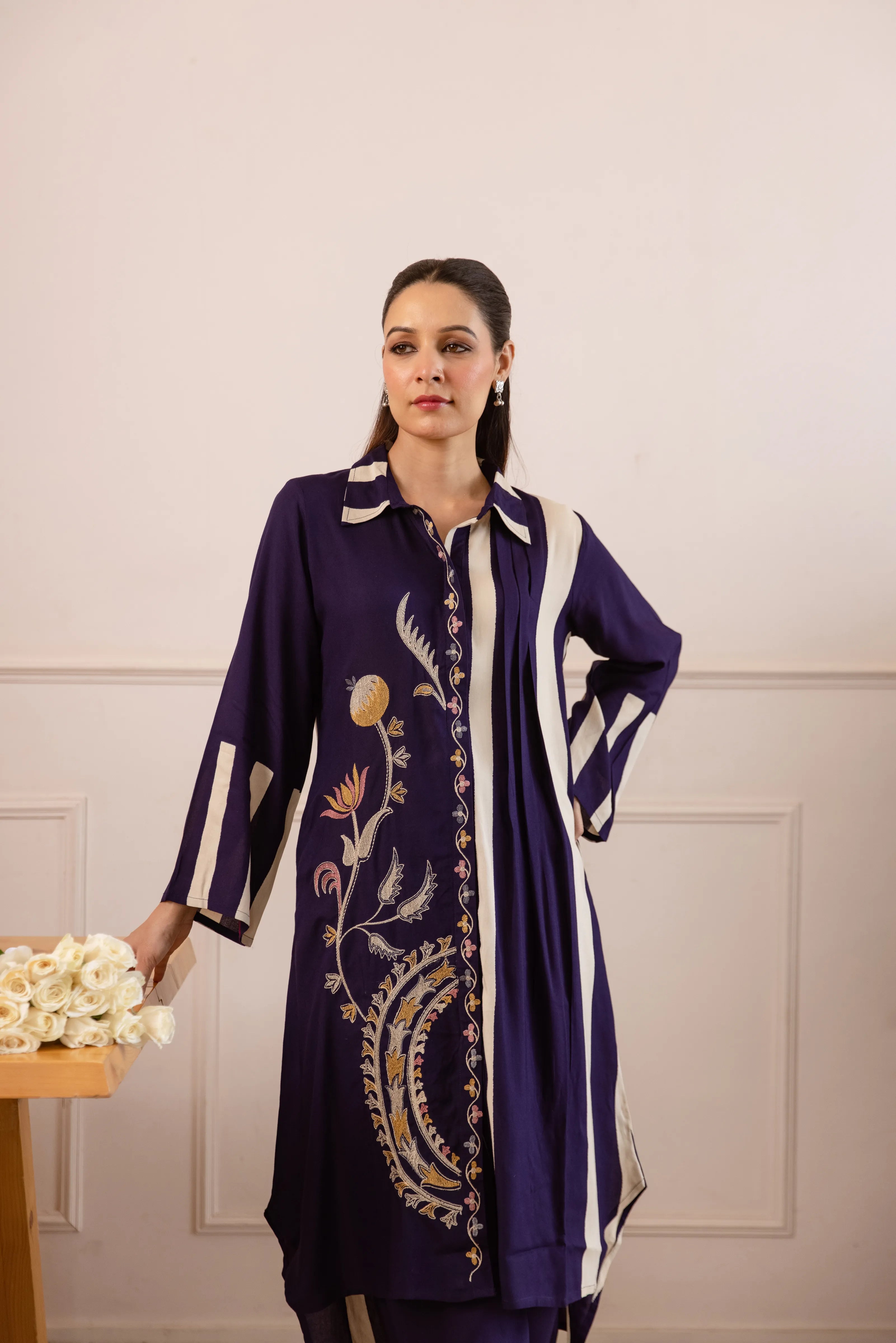 Purple German Rayon Floral Embroidered Kurta Set