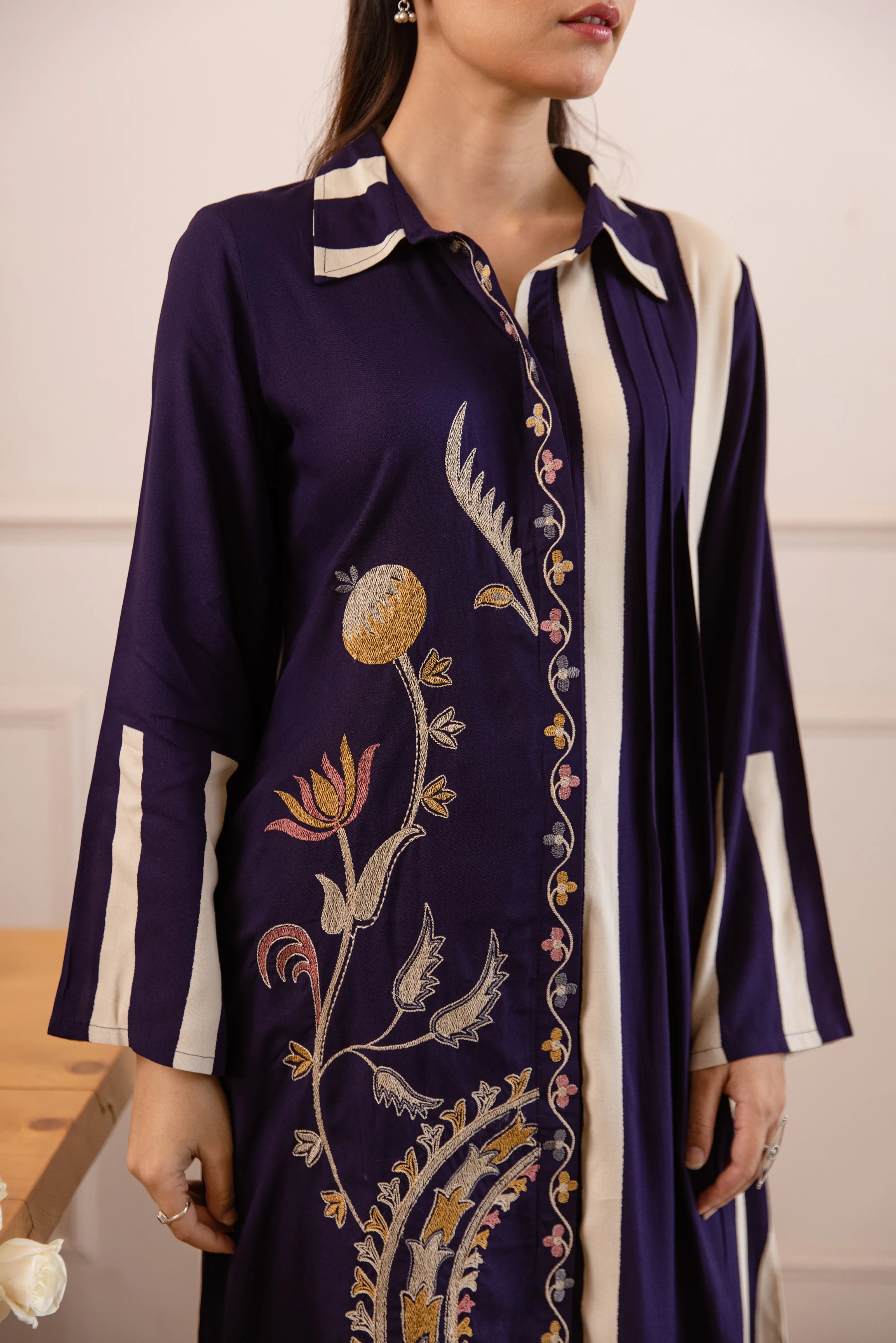 Purple German Rayon Floral Embroidered Kurta Set