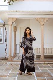 Navy Blue Rayon Striped Printed seep neckline work Kurta With Palazzo set