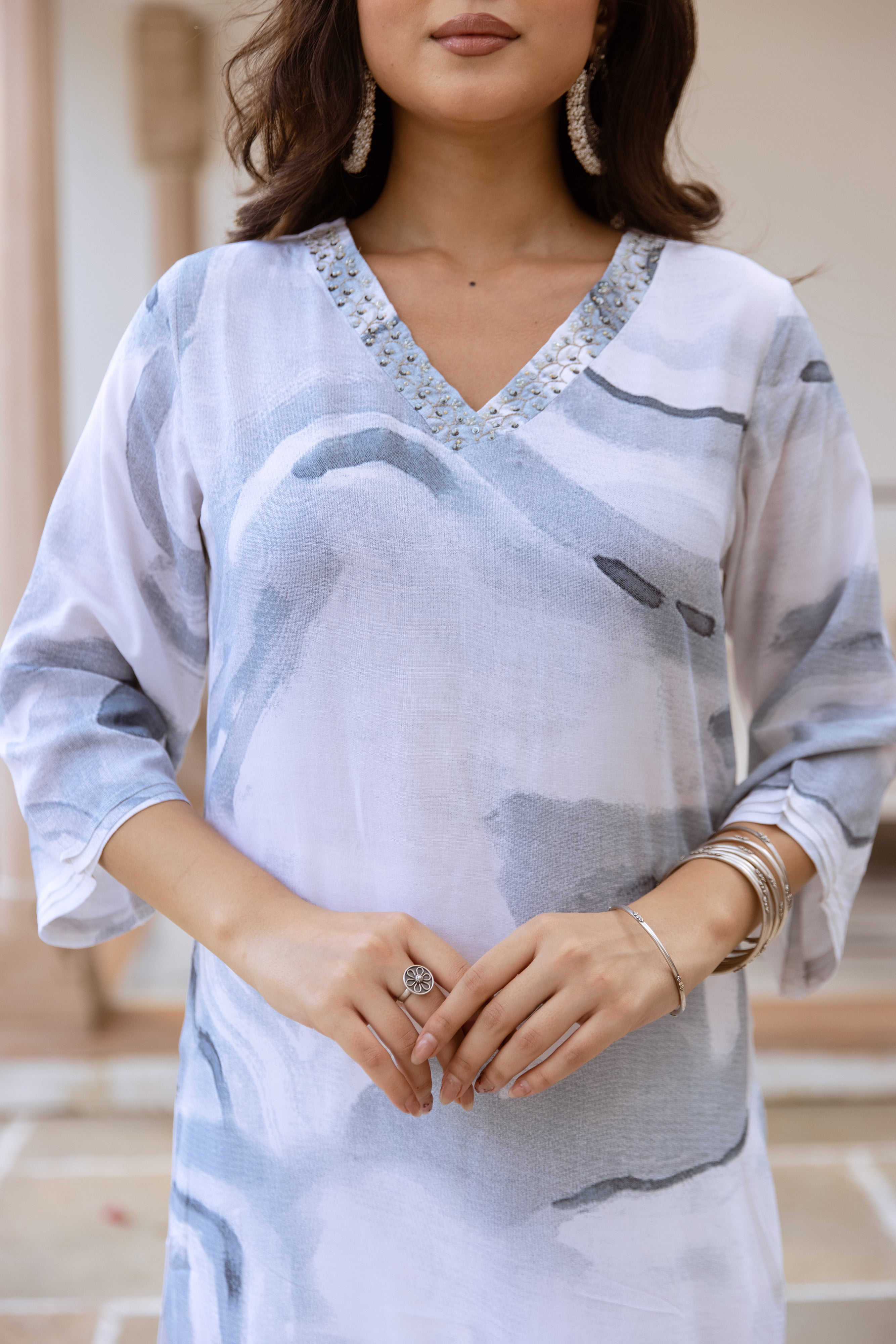 White-Grey Rayon Marble Dye Printed seep neckline work Kurta With Palazzo set