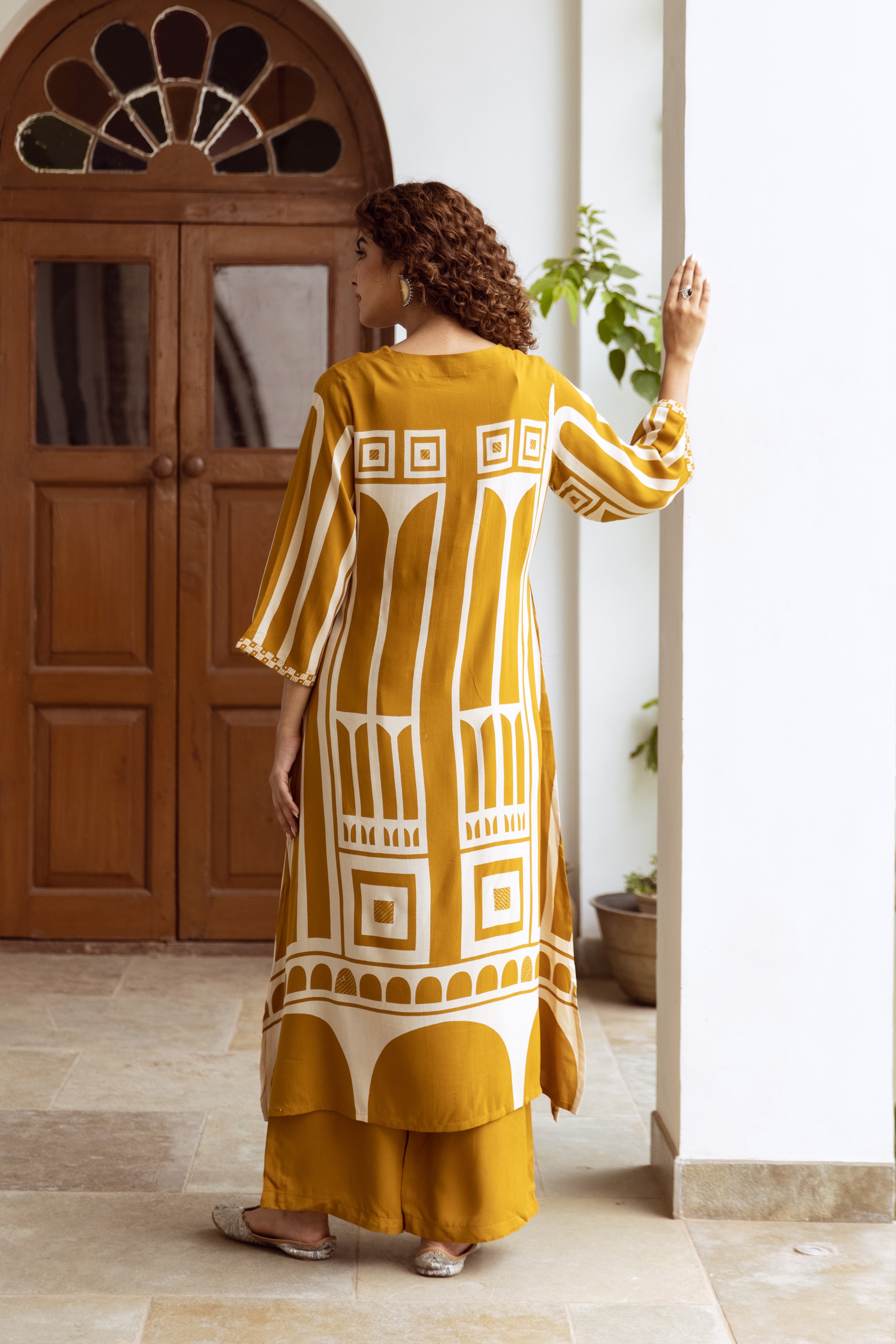 Mustard Yellow Abstract Geometric Rayon Print Ethnic Set